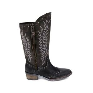 Sheryl crow Embroidered Black Heeled Boots with Side Zipper